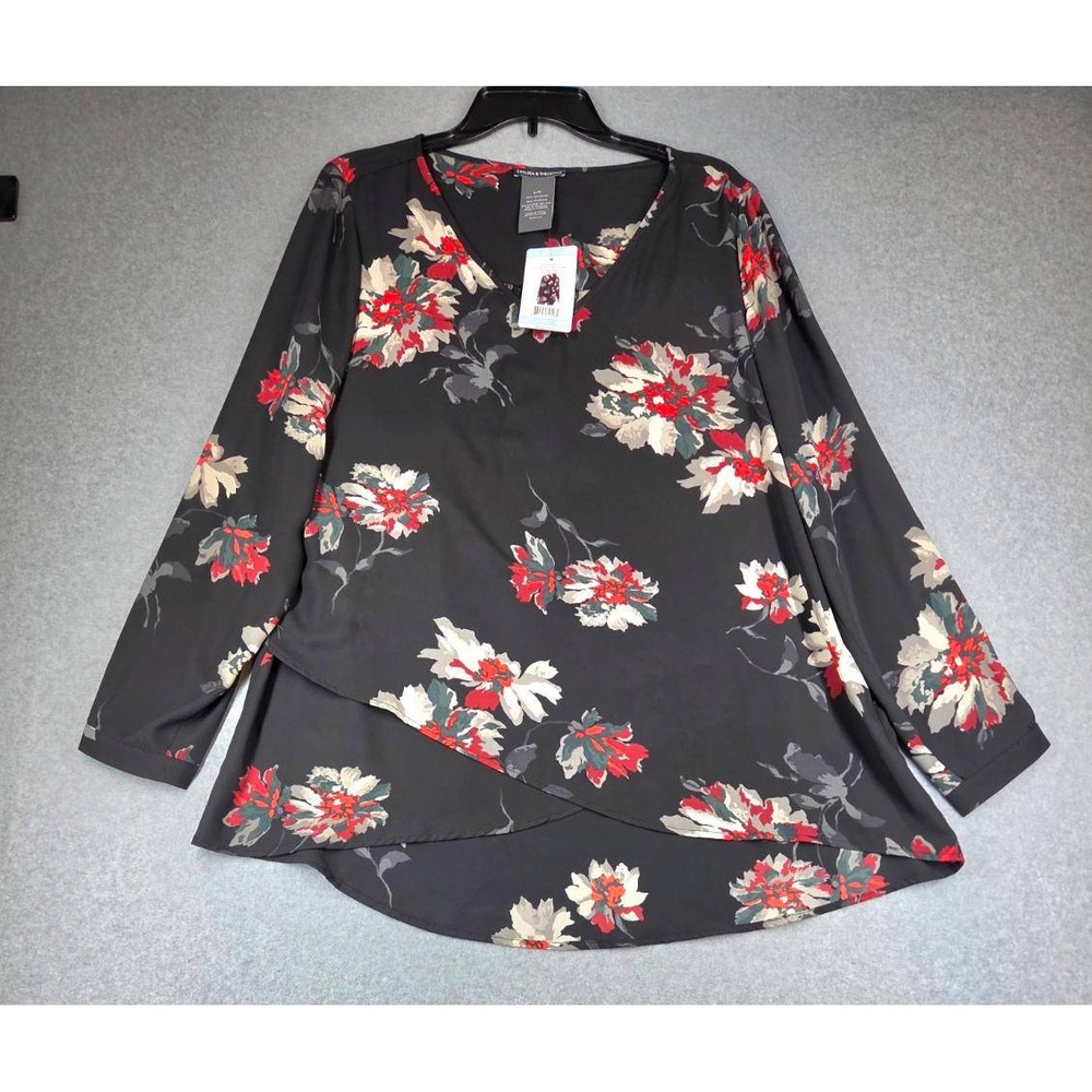 Chelsea & Theodore Floral V-Neck Crossover Hem Blouse Black Red L 2645109